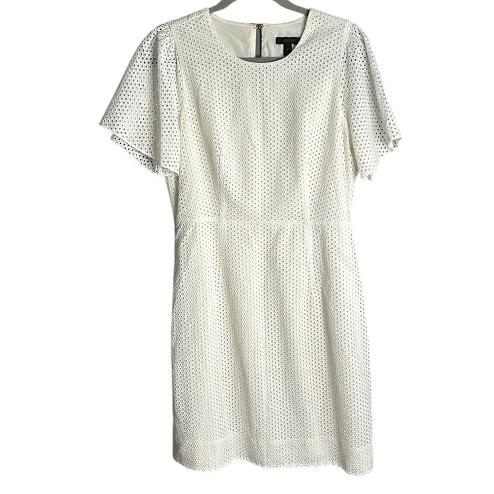 J. Crew White Eyelet Short Flutter Sleeve Dress Zippered Back 10